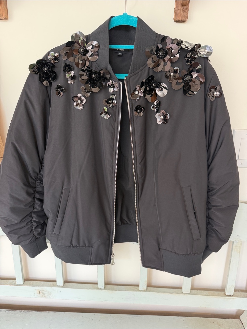 Express Black Bomber Jacket with Sequin Floral Appliqués